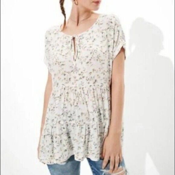 American Eagle Outfitters Floral Tiered Viscose Blouse Short Sleeve White XS - Picture 12 of 12